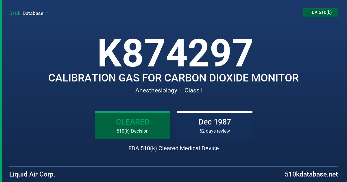 K874297 CALIBRATION GAS FOR CARBON DIOXIDE MONITOR FDA 510(k) Cleared Medical Device