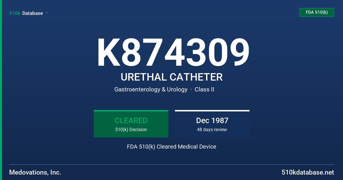 K874309 URETHAL CATHETER FDA 510(k) Cleared Medical Device