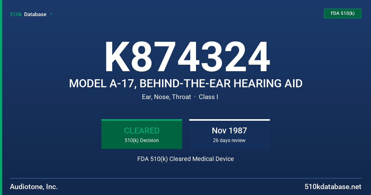 K874324 MODEL A-17, BEHIND-THE-EAR HEARING AID FDA 510(k) Cleared Medical Device