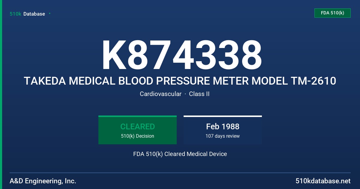 K874338 TAKEDA MEDICAL BLOOD PRESSURE METER MODEL TM-2610 FDA 510(k) Cleared Medical Device