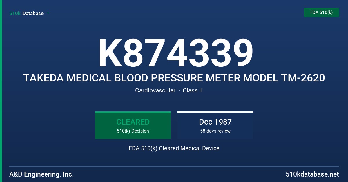 K874339 TAKEDA MEDICAL BLOOD PRESSURE METER MODEL TM-2620 FDA 510(k) Cleared Medical Device