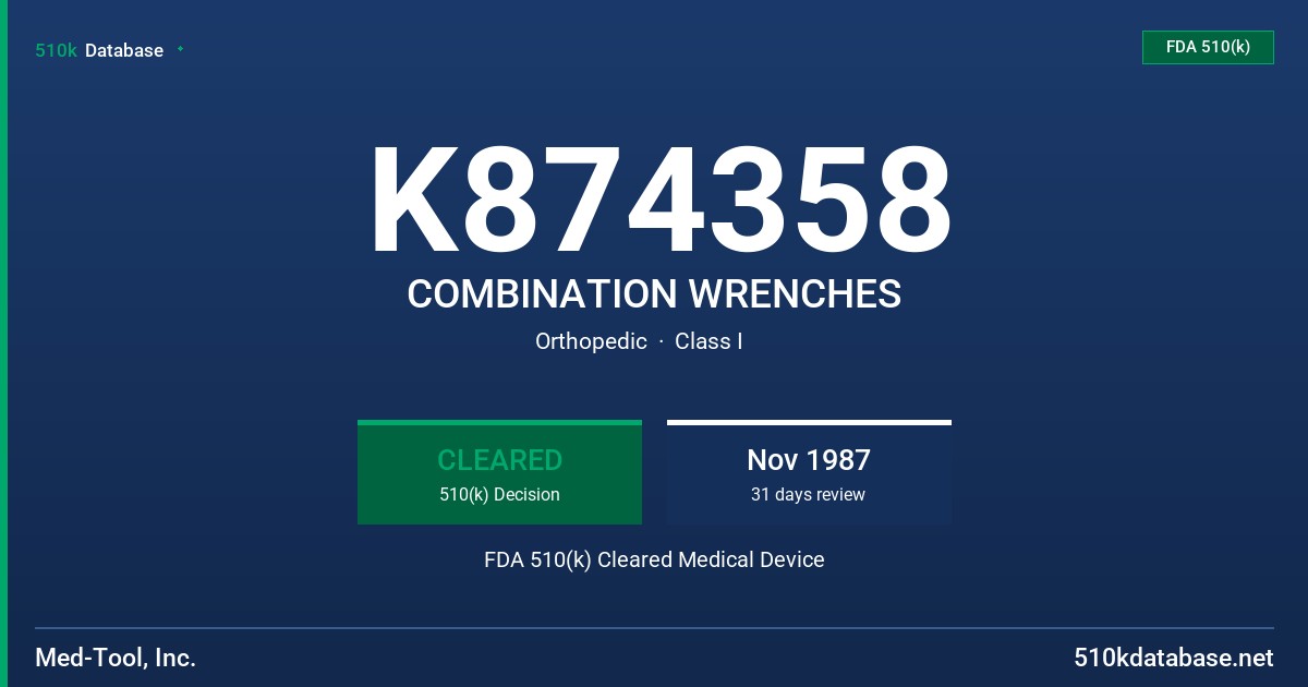K874358 COMBINATION WRENCHES FDA 510(k) Cleared Medical Device