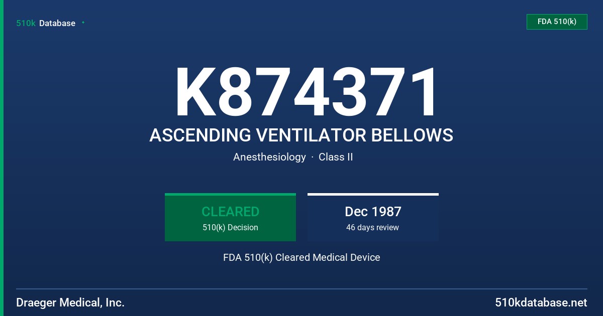 K874371 ASCENDING VENTILATOR BELLOWS FDA 510(k) Cleared Medical Device