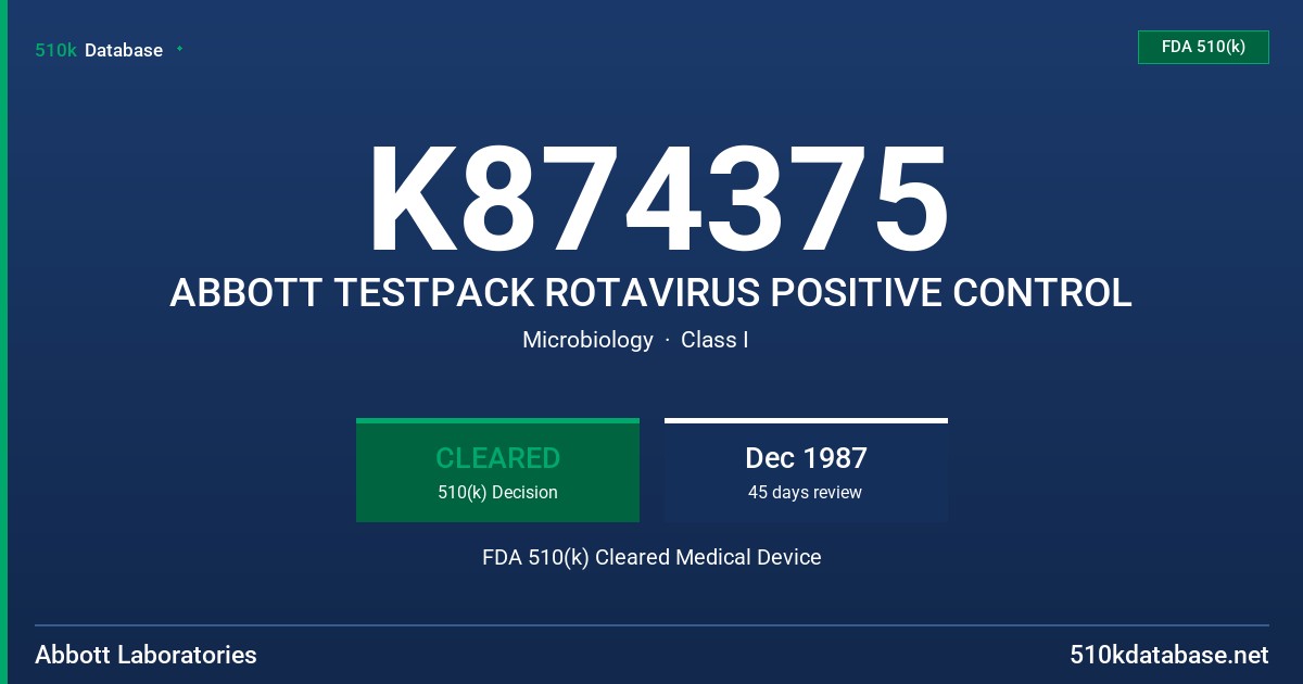 K874375 ABBOTT TESTPACK ROTAVIRUS POSITIVE CONTROL FDA 510(k) Cleared Medical Device