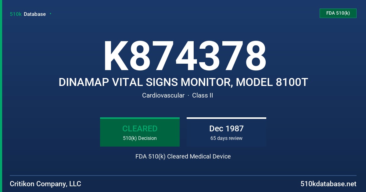 K874378 DINAMAP VITAL SIGNS MONITOR, MODEL 8100T FDA 510(k) Cleared Medical Device