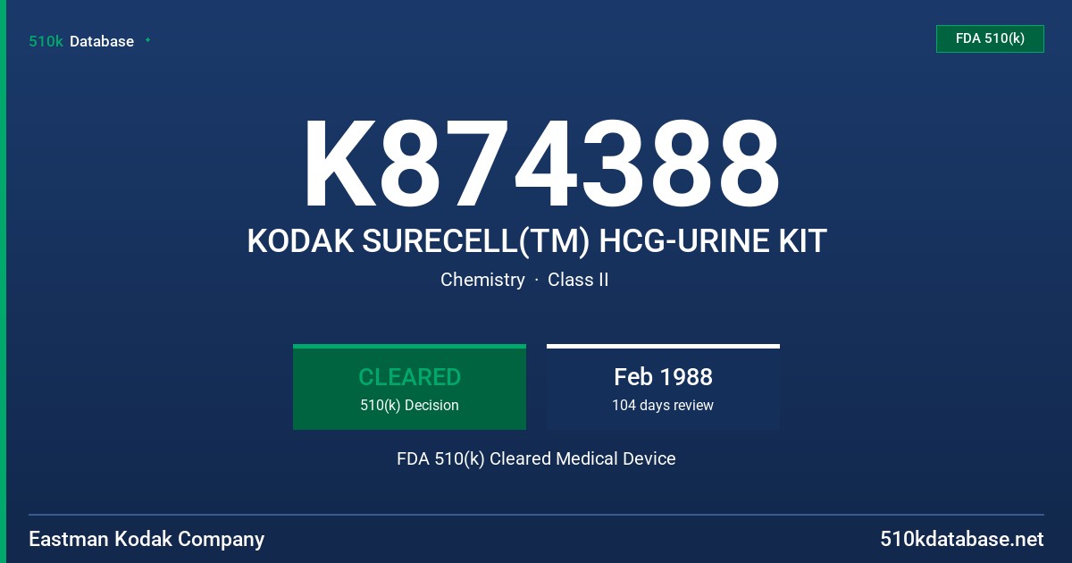 K874388 KODAK SURECELL(TM) HCG-URINE KIT FDA 510(k) Cleared Medical Device