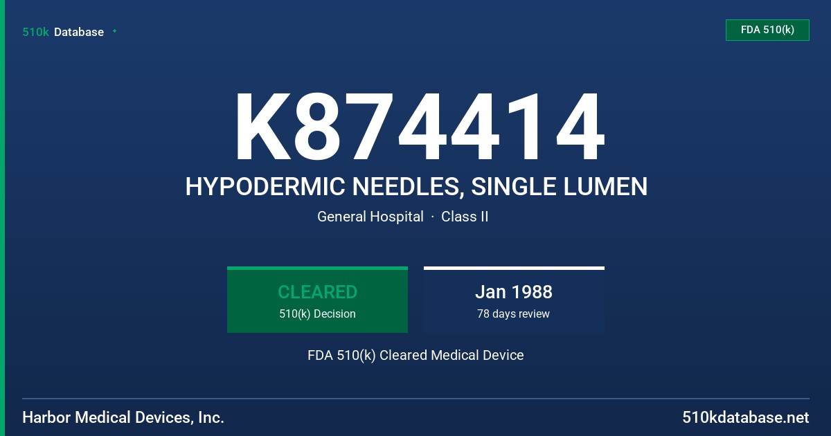 K874414 HYPODERMIC NEEDLES, SINGLE LUMEN FDA 510(k) Cleared Medical Device