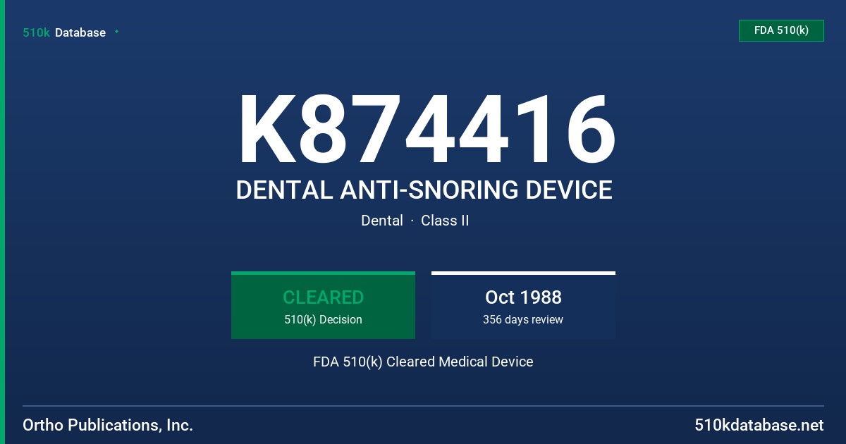 K874416 DENTAL ANTI-SNORING DEVICE FDA 510(k) Cleared Medical Device