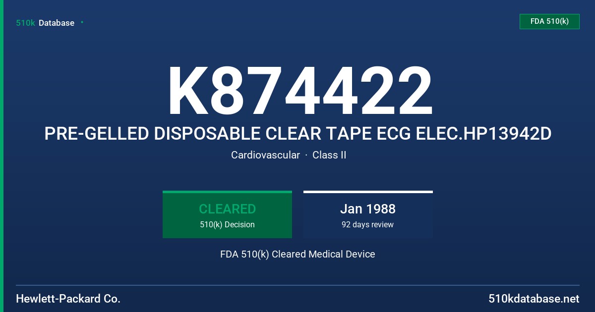 K874422 PRE-GELLED DISPOSABLE CLEAR TAPE ECG ELEC.HP13942D FDA 510(k) Cleared Medical Device