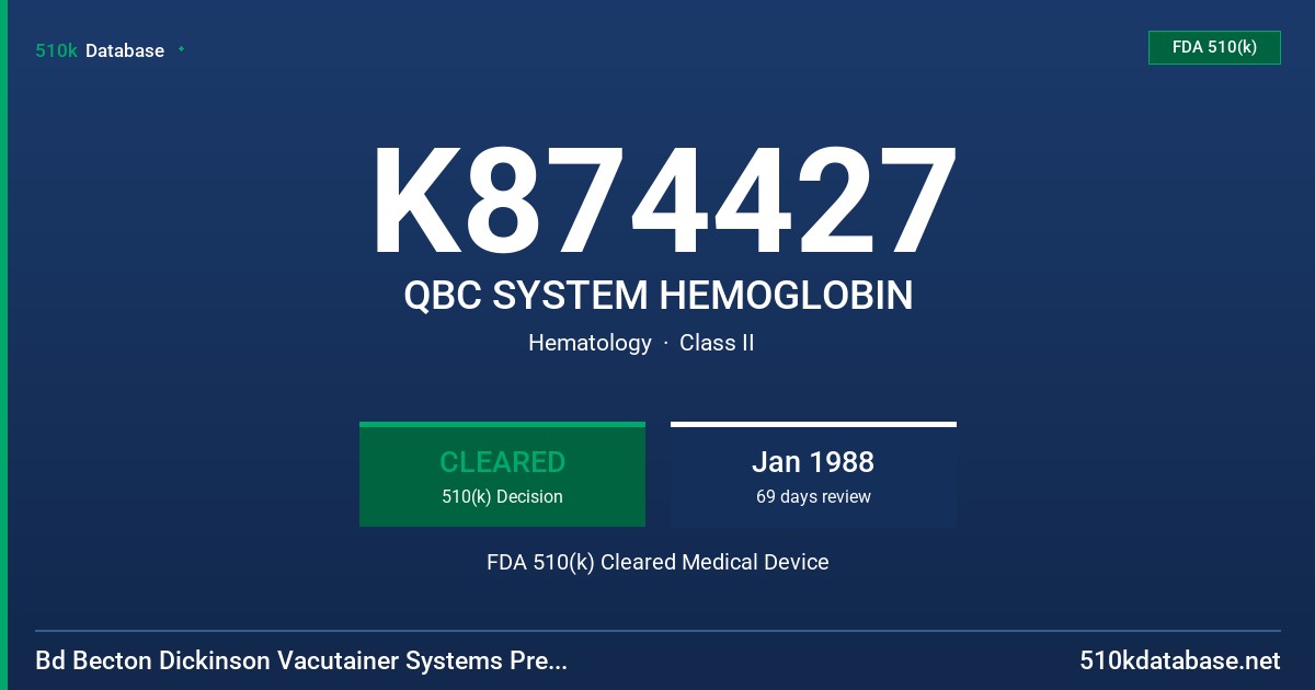 K874427 QBC SYSTEM HEMOGLOBIN FDA 510(k) Cleared Medical Device