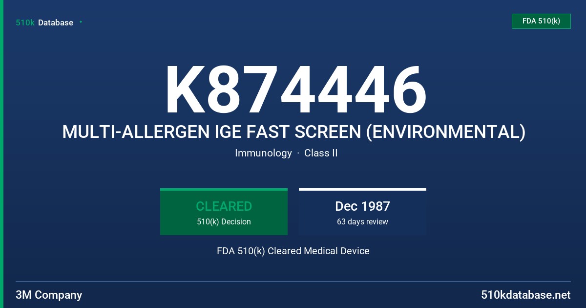 K874446 MULTI-ALLERGEN IGE FAST SCREEN (ENVIRONMENTAL) FDA 510(k) Cleared Medical Device