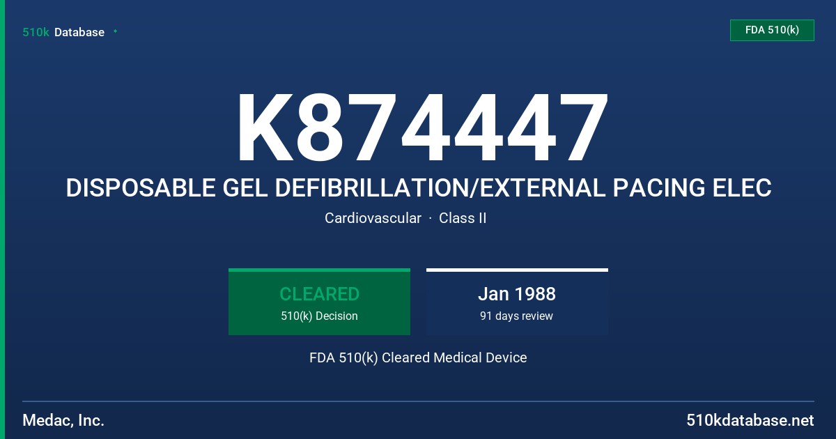 K874447 DISPOSABLE GEL DEFIBRILLATION/EXTERNAL PACING ELEC FDA 510(k) Cleared Medical Device