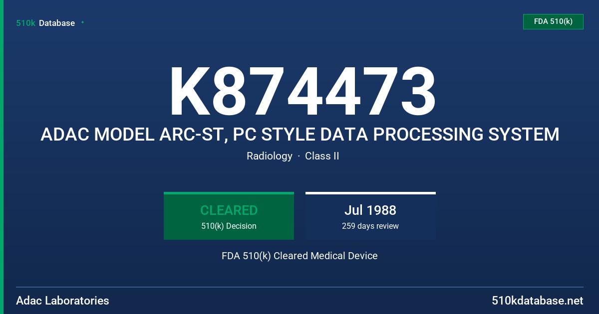 K874473 ADAC MODEL ARC-ST, PC STYLE DATA PROCESSING SYSTEM FDA 510(k) Cleared Medical Device