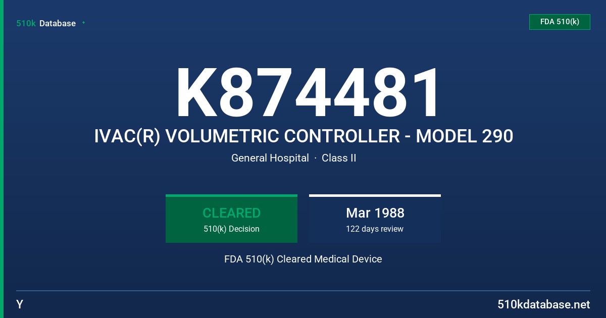 K874481 IVAC(R) VOLUMETRIC CONTROLLER - MODEL 290 FDA 510(k) Cleared Medical Device