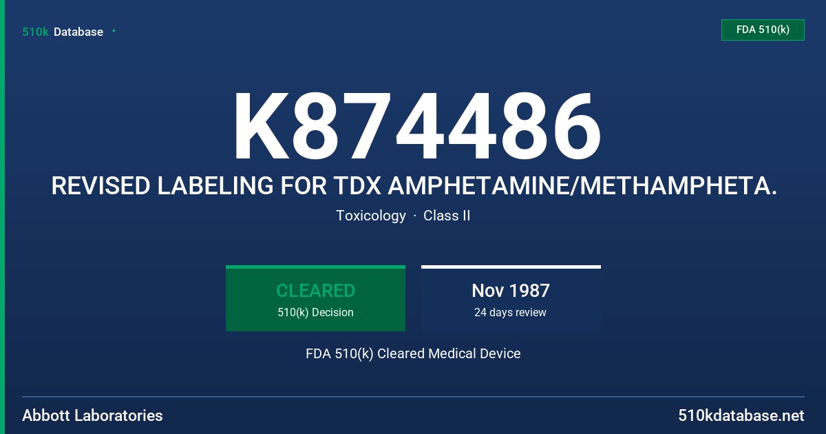 K874486 REVISED LABELING FOR TDX AMPHETAMINE/METHAMPHETA. FDA 510(k) Cleared Medical Device
