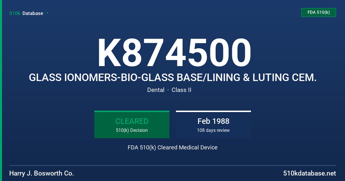 K874500 GLASS IONOMERS-BIO-GLASS BASE/LINING & LUTING CEM. FDA 510(k) Cleared Medical Device