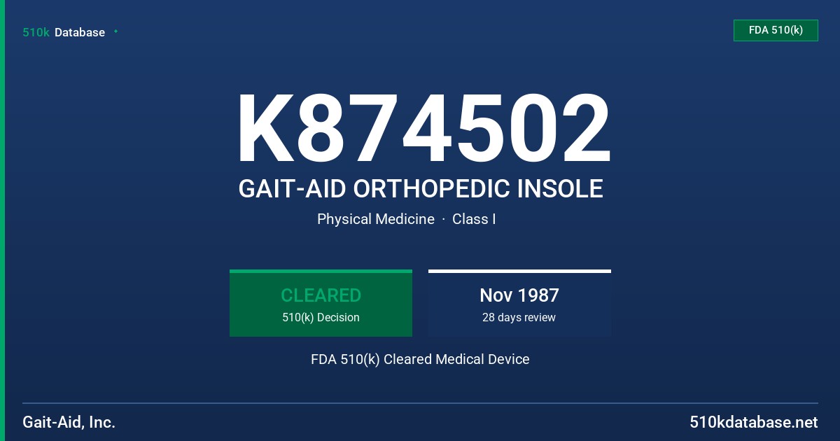 K874502 GAIT-AID ORTHOPEDIC INSOLE FDA 510(k) Cleared Medical Device
