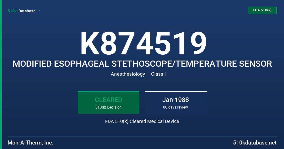 K874519 MODIFIED ESOPHAGEAL STETHOSCOPE/TEMPERATURE SENSOR FDA 510(k) Cleared Medical Device