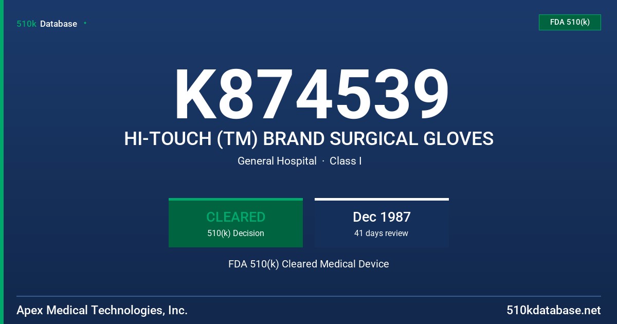 K874539 HI-TOUCH (TM) BRAND SURGICAL GLOVES FDA 510(k) Cleared Medical Device