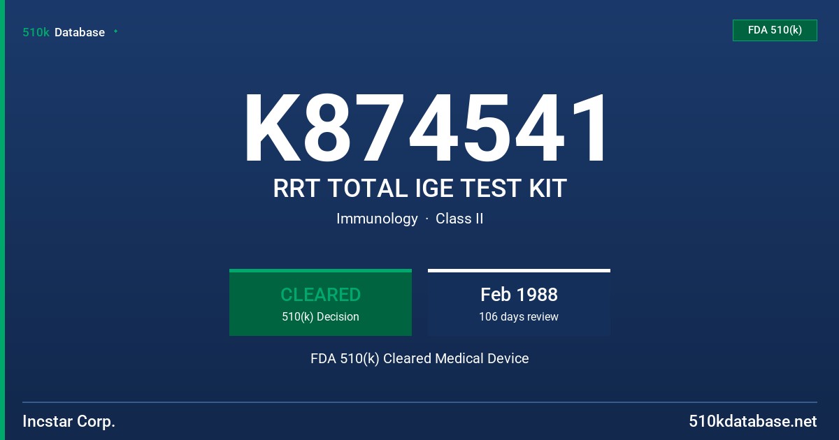 K874541 RRT TOTAL IGE TEST KIT FDA 510(k) Cleared Medical Device
