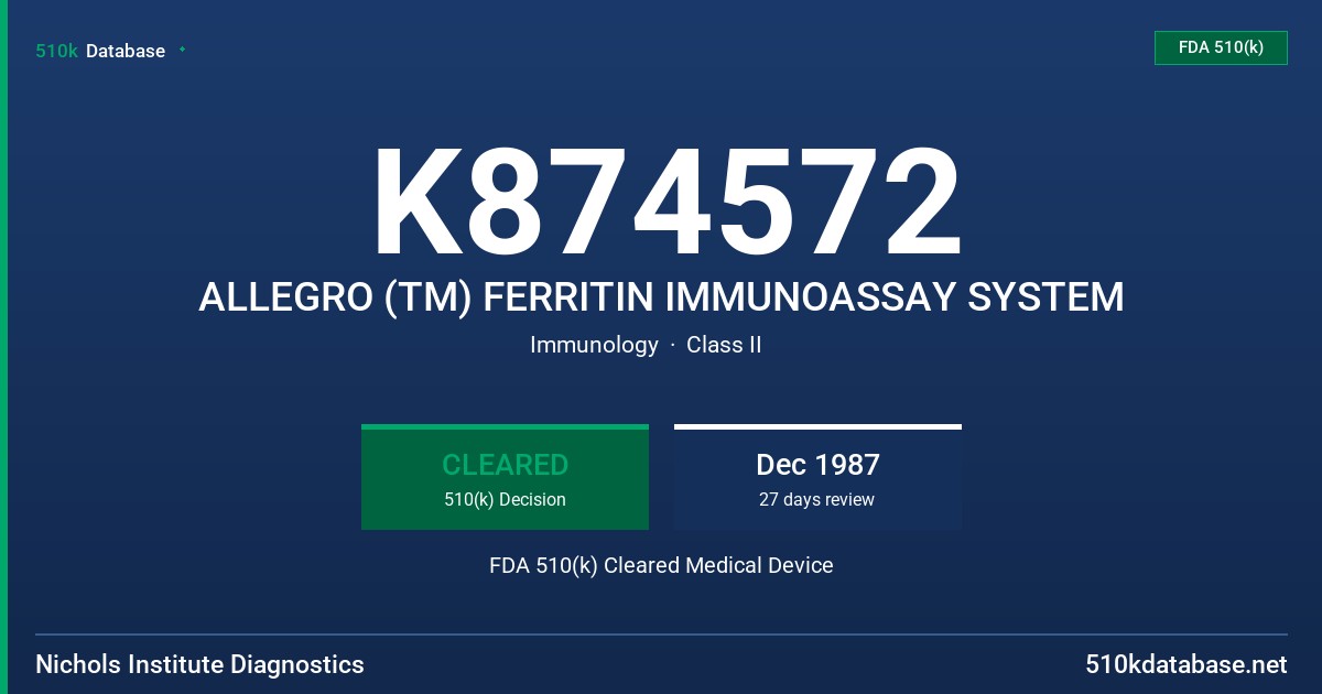 K874572 ALLEGRO (TM) FERRITIN IMMUNOASSAY SYSTEM FDA 510(k) Cleared Medical Device