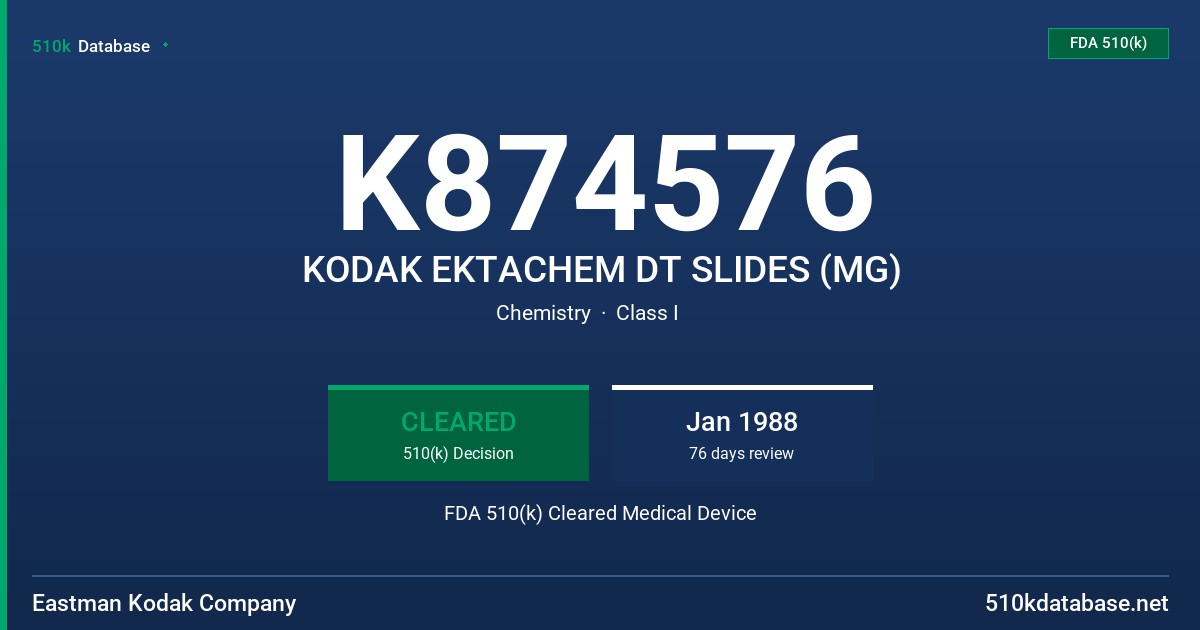 K874576 KODAK EKTACHEM DT SLIDES (MG) FDA 510(k) Cleared Medical Device