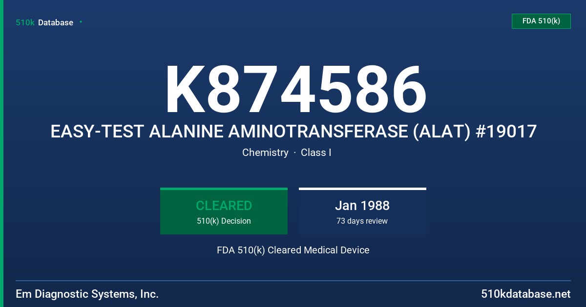 K874586 EASY-TEST ALANINE AMINOTRANSFERASE (ALAT) #19017 FDA 510(k) Cleared Medical Device