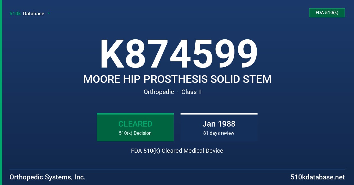 K874599 MOORE HIP PROSTHESIS SOLID STEM FDA 510(k) Cleared Medical Device