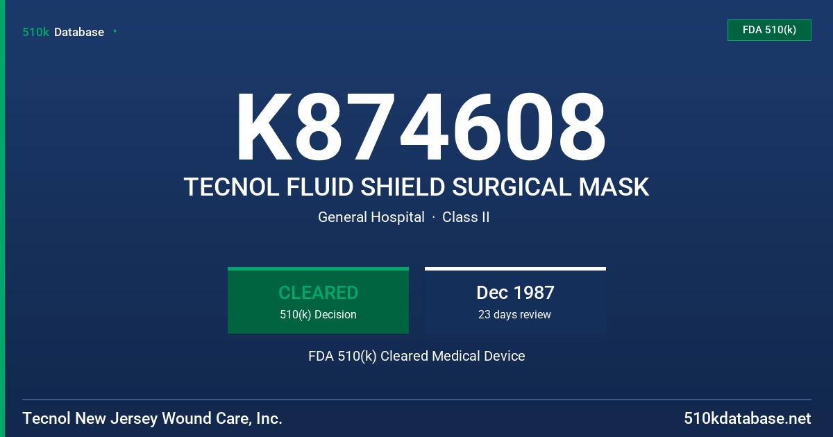 K874608 TECNOL FLUID SHIELD SURGICAL MASK FDA 510(k) Cleared Medical Device