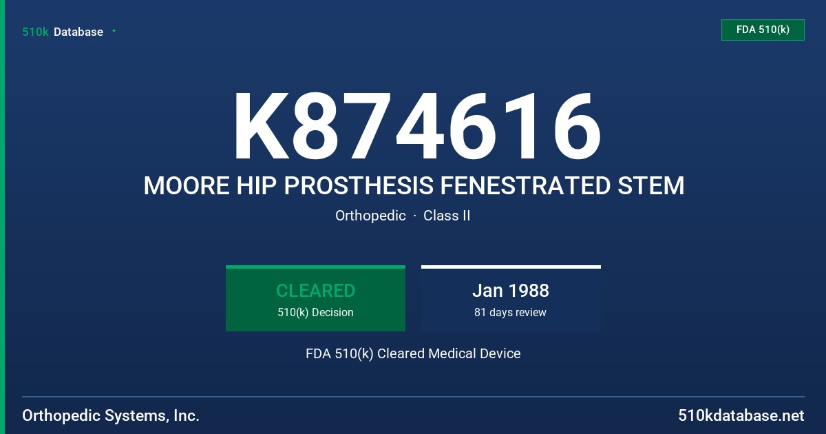 K874616 MOORE HIP PROSTHESIS FENESTRATED STEM FDA 510(k) Cleared Medical Device