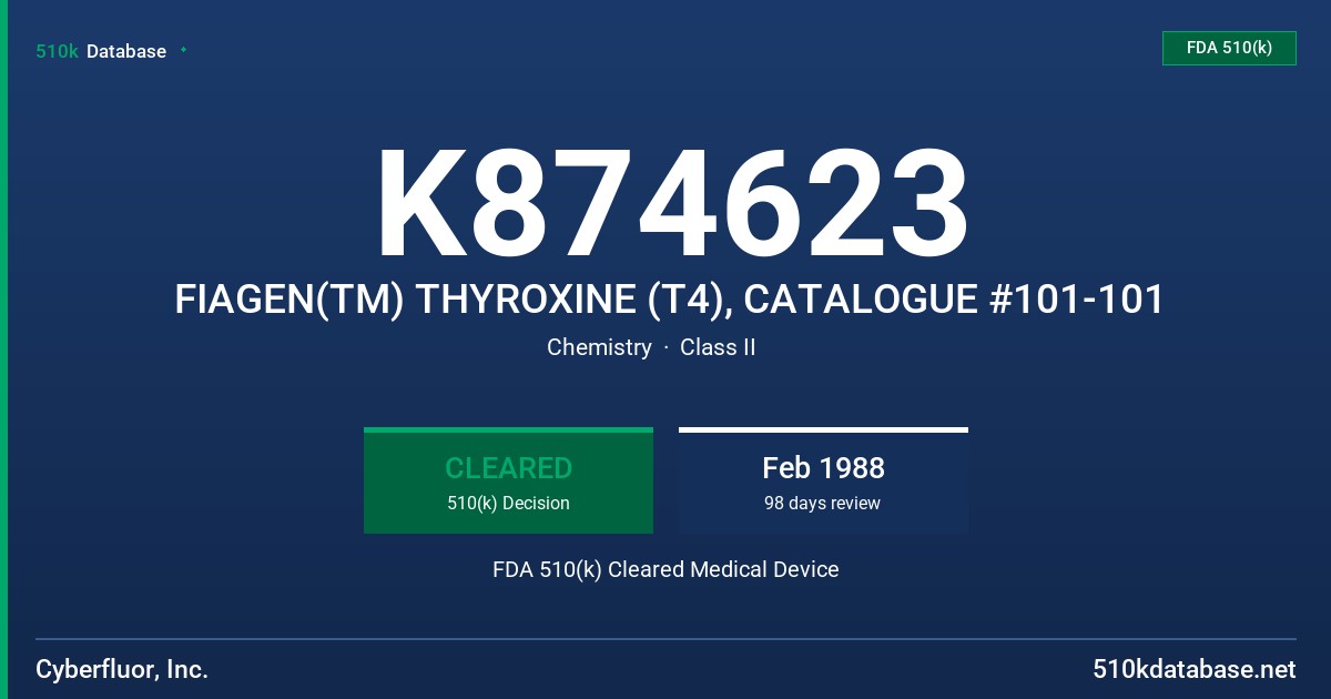 K874623 FIAGEN(TM) THYROXINE (T4), CATALOGUE #101-101 FDA 510(k) Cleared Medical Device