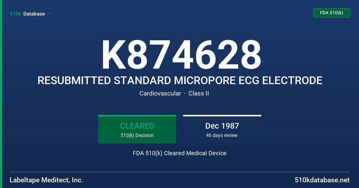 K874628 RESUBMITTED STANDARD MICROPORE ECG ELECTRODE FDA 510(k) Cleared Medical Device