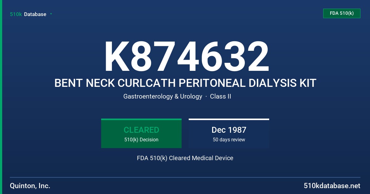 K874632 BENT NECK CURLCATH PERITONEAL DIALYSIS KIT FDA 510(k) Cleared Medical Device