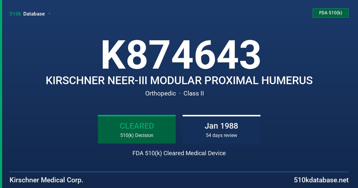 K874643 KIRSCHNER NEER-III MODULAR PROXIMAL HUMERUS FDA 510(k) Cleared Medical Device
