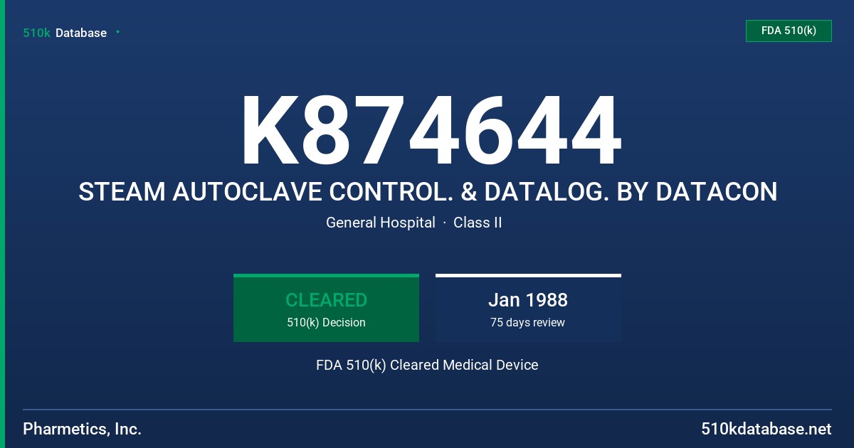 K874644 STEAM AUTOCLAVE CONTROL. & DATALOG. BY DATACON FDA 510(k) Cleared Medical Device