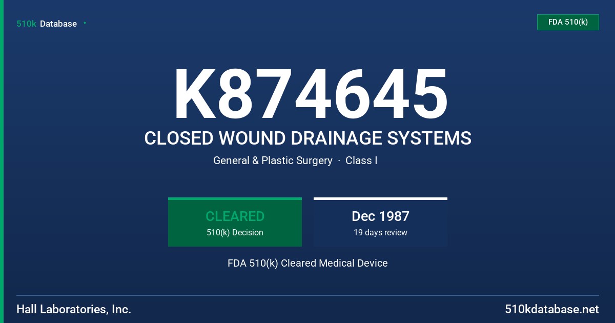K874645 CLOSED WOUND DRAINAGE SYSTEMS FDA 510(k) Cleared Medical Device