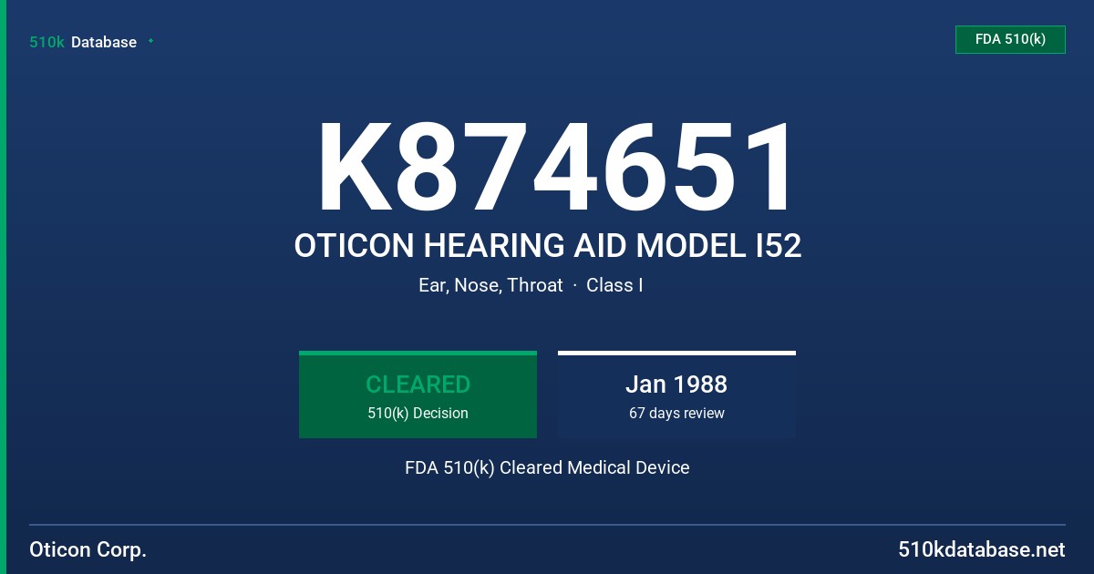 K874651 OTICON HEARING AID MODEL I52 FDA 510(k) Cleared Medical Device