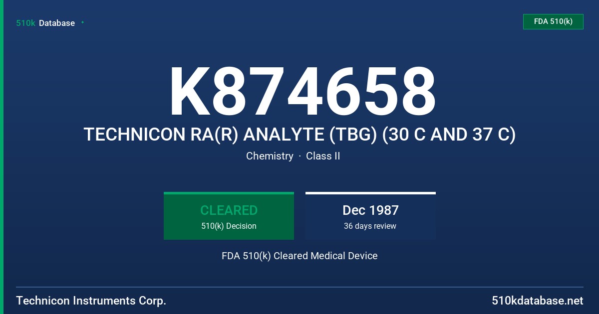 K874658 TECHNICON RA(R) ANALYTE (TBG) (30 C AND 37 C) FDA 510(k) Cleared Medical Device