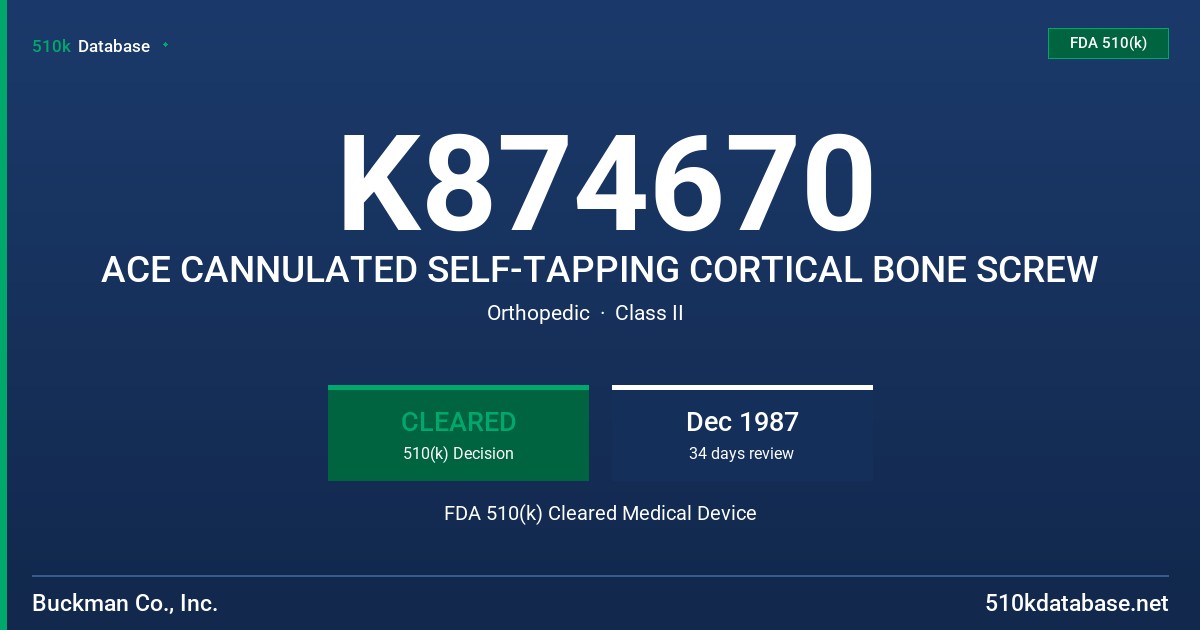 K874670 ACE CANNULATED SELF-TAPPING CORTICAL BONE SCREW FDA 510(k) Cleared Medical Device
