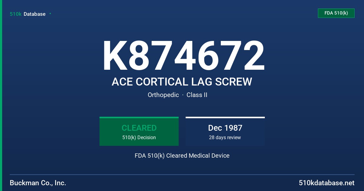 K874672 ACE CORTICAL LAG SCREW FDA 510(k) Cleared Medical Device