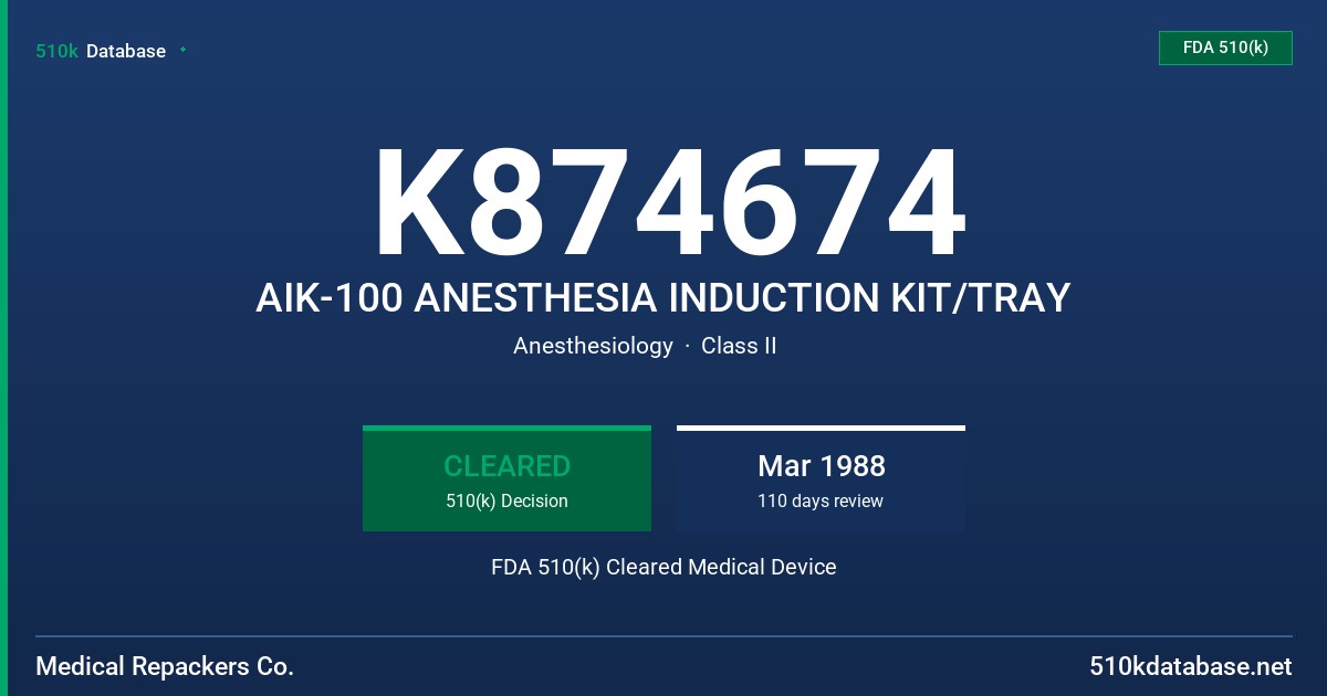 K874674 AIK-100 ANESTHESIA INDUCTION KIT/TRAY FDA 510(k) Cleared Medical Device