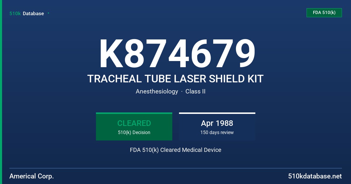 K874679 TRACHEAL TUBE LASER SHIELD KIT FDA 510(k) Cleared Medical Device