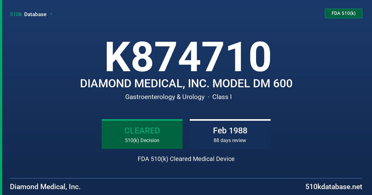K874710 DIAMOND MEDICAL, INC. MODEL DM 600 FDA 510(k) Cleared Medical Device