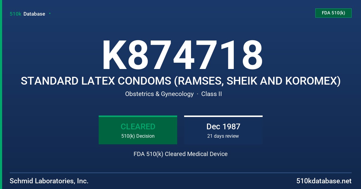 K874718 STANDARD LATEX CONDOMS (RAMSES, SHEIK AND KOROMEX) FDA 510(k) Cleared Medical Device