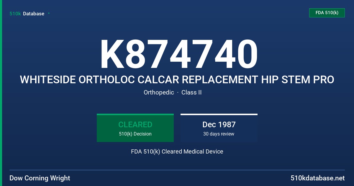 K874740 WHITESIDE ORTHOLOC CALCAR REPLACEMENT HIP STEM PRO FDA 510(k) Cleared Medical Device