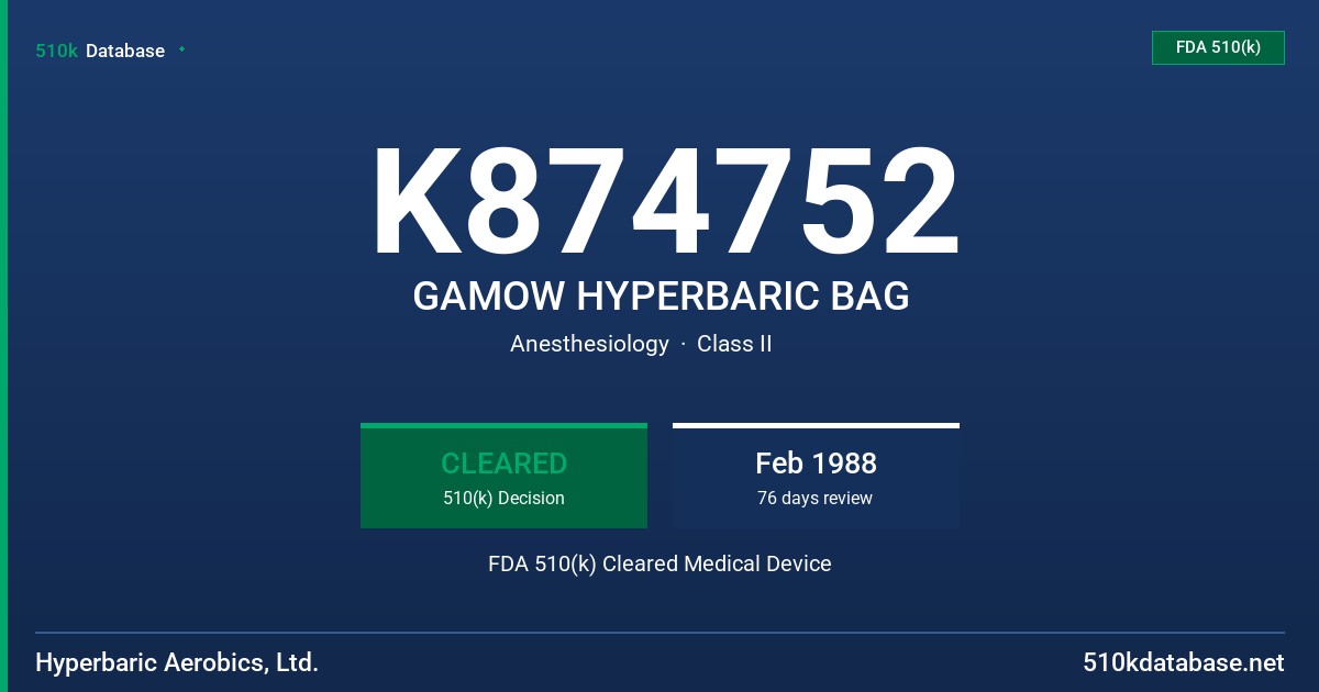 K874752 GAMOW HYPERBARIC BAG FDA 510(k) Cleared Medical Device