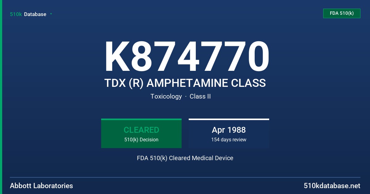 K874770 TDX (R) AMPHETAMINE CLASS FDA 510(k) Cleared Medical Device