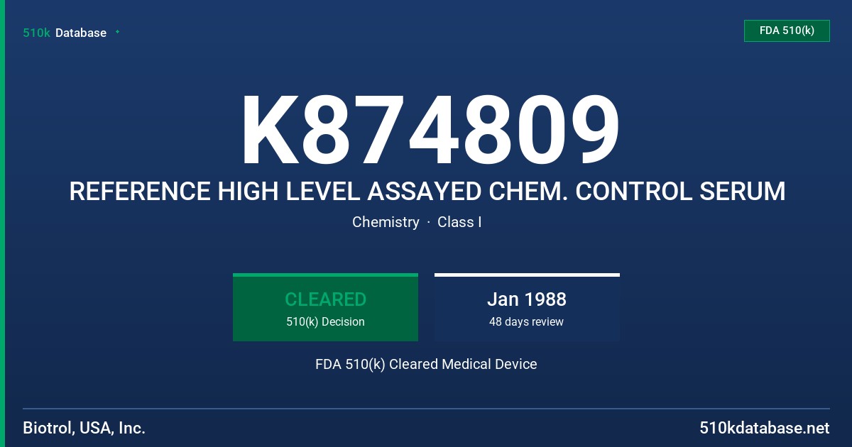 K874809 REFERENCE HIGH LEVEL ASSAYED CHEM. CONTROL SERUM FDA 510(k) Cleared Medical Device