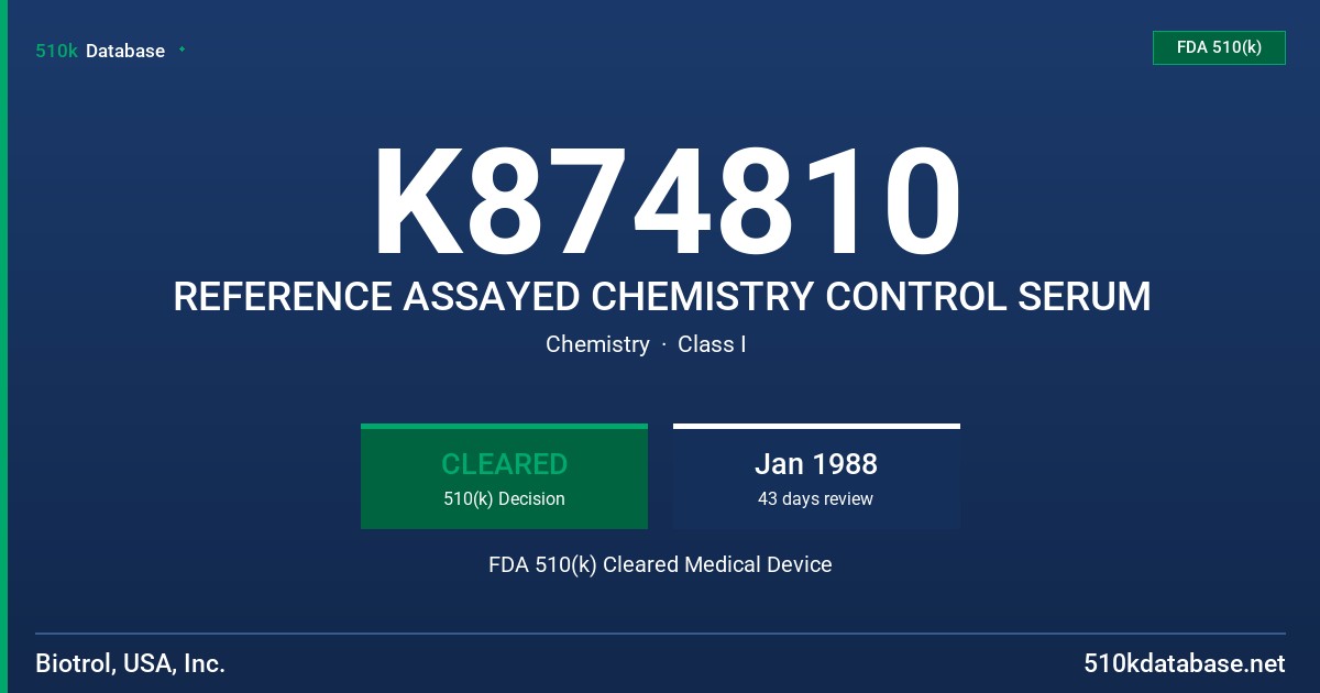 K874810 REFERENCE ASSAYED CHEMISTRY CONTROL SERUM FDA 510(k) Cleared Medical Device