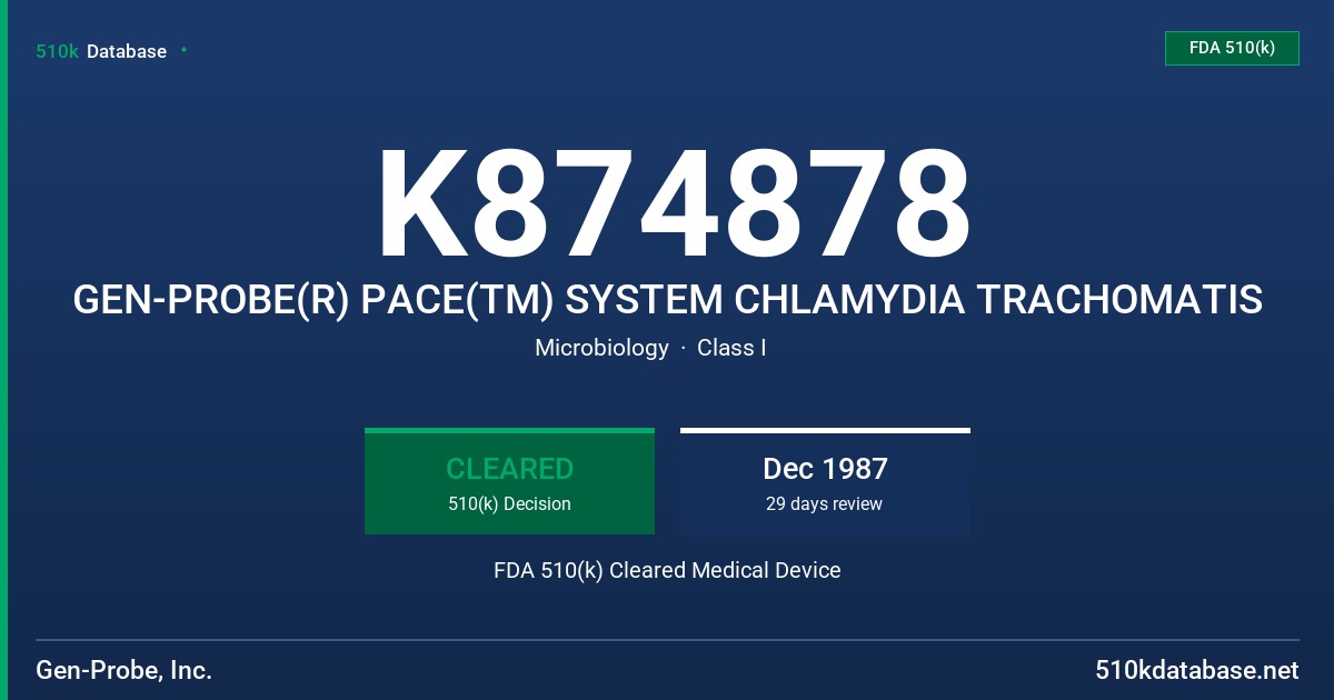 K874878 GEN-PROBE(R) PACE(TM) SYSTEM CHLAMYDIA TRACHOMATIS FDA 510(k) Cleared Medical Device